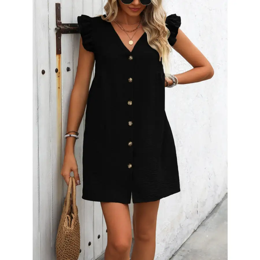 Button Up V-Neck Cap Sleeve Mini Dress