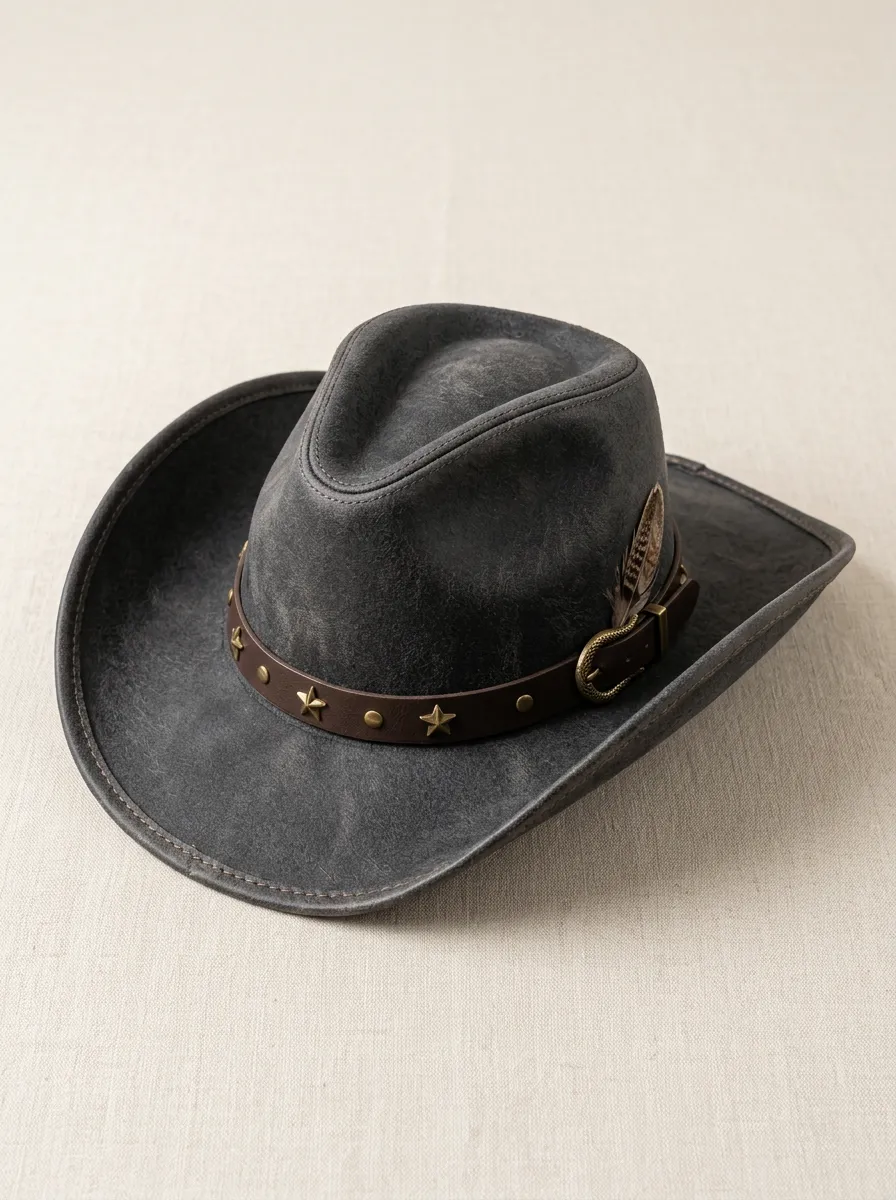 Unisex Felt Cowboy Hat with Feather Trim and Stud Details