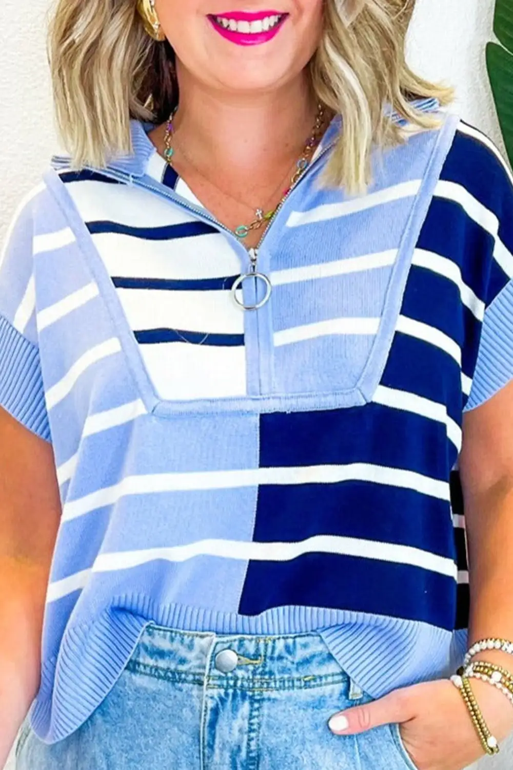 Stripe Colorblock Quarter Zip Collar Viscose Blend Sweater Vest