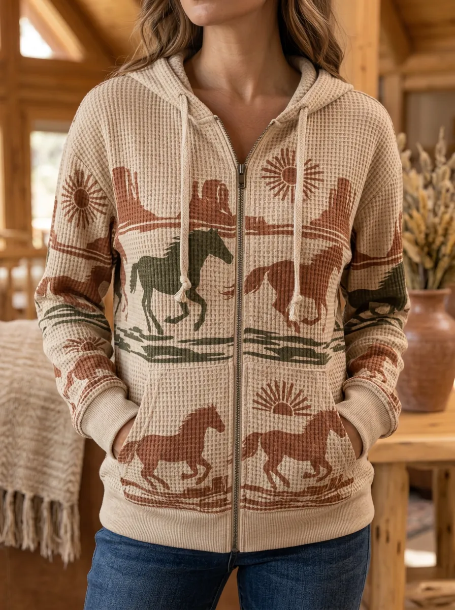 Women's Western Horse Desert Sun Signature Print Waffle Zip-Up Hoodie