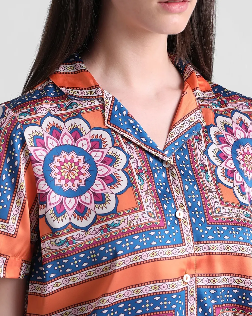 Navy Blue Abstract Print Satin Shirt
