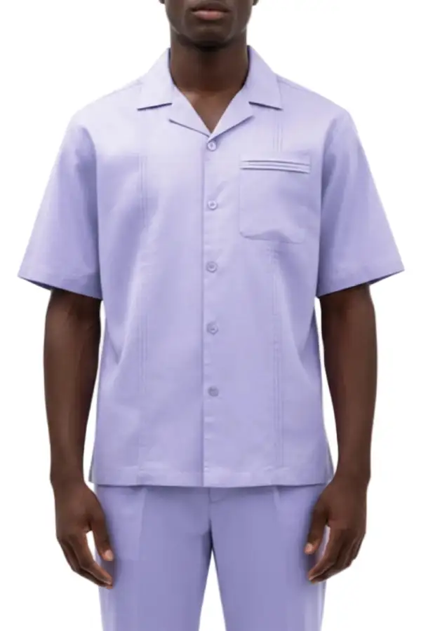 Lavender Relaxed Fit Linen Pleated Short Sleeve Walking Suit Set