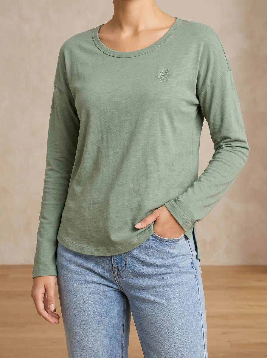 Embroidered Detail Ribbed Texture Women's Long Sleeve Tee