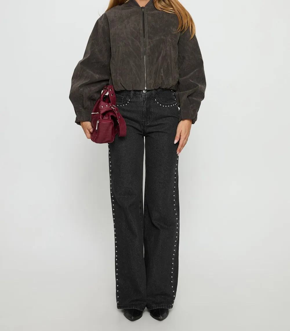 Charcoal Faux Suede Bomber Jacket