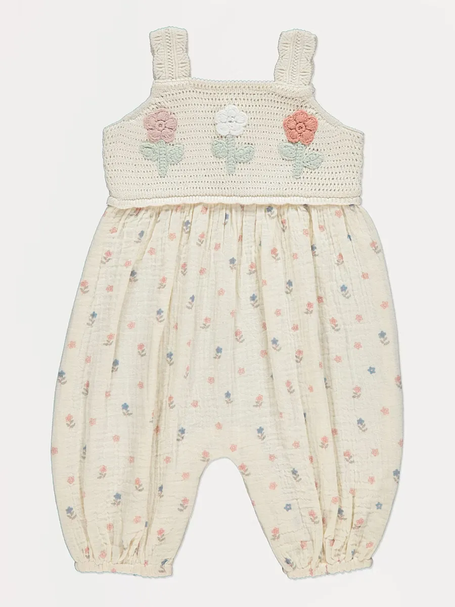 Neutral Floral Crochet Romper