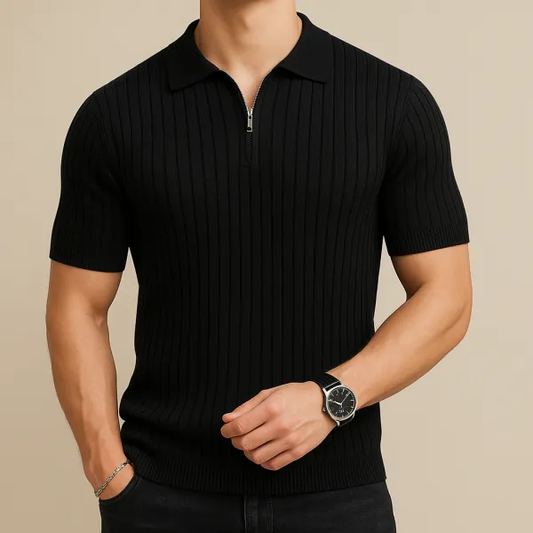 Black Ribbed Zipper Polo