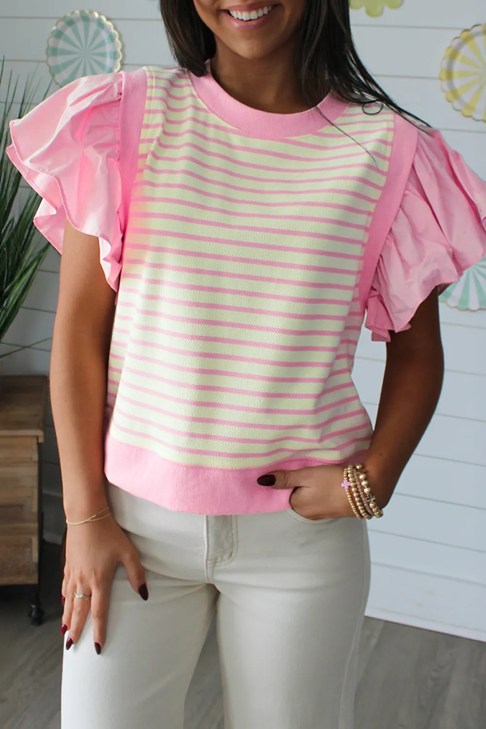 Pink Stripe Ruffled Short Sleeve Blouse