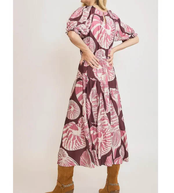 Full Size Notched Puff Sleeve Midi Dress Plus Size