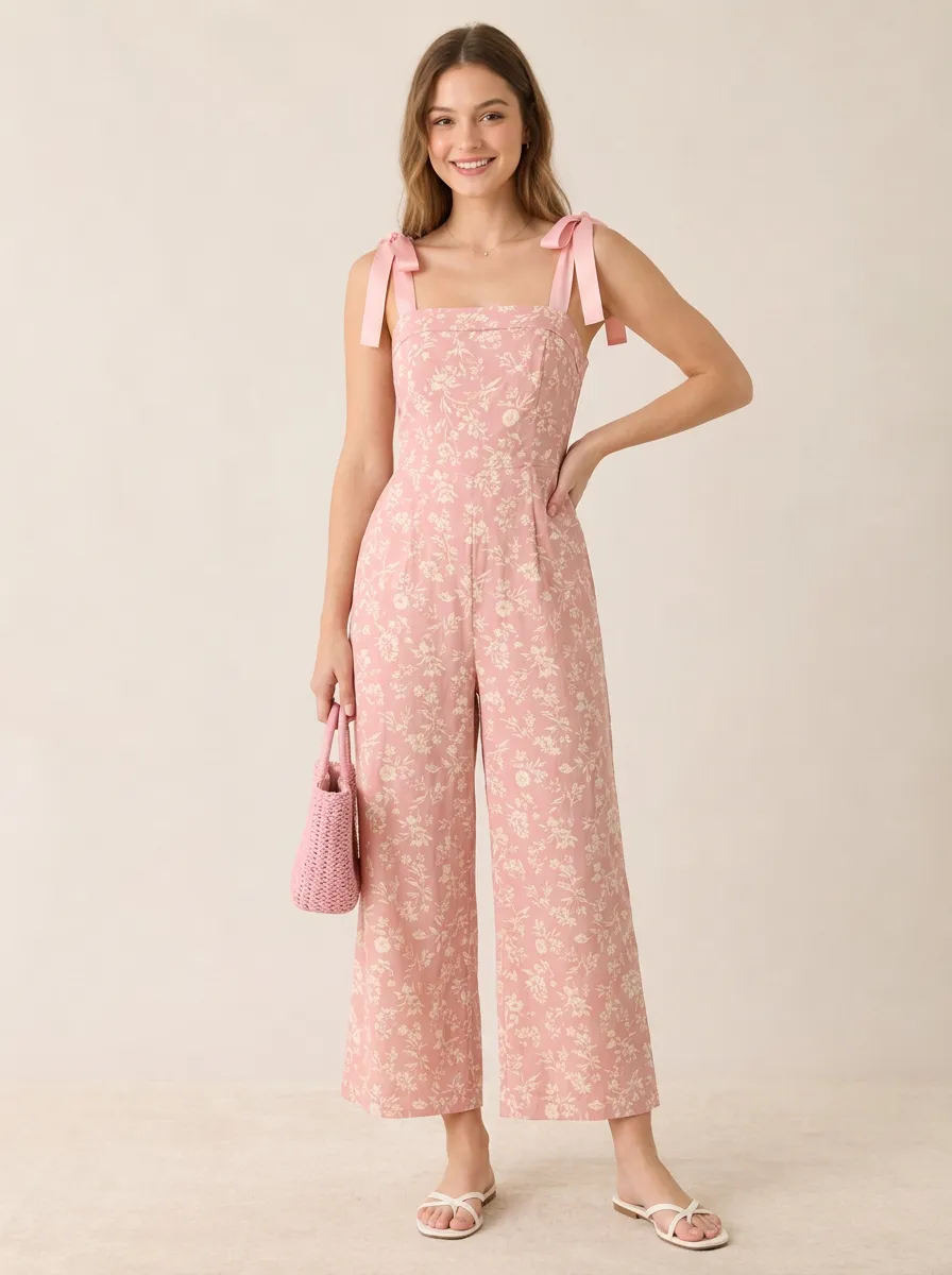 Women's Botanical Floral Tie Shoulder Ribbon Strap Jumpsuit