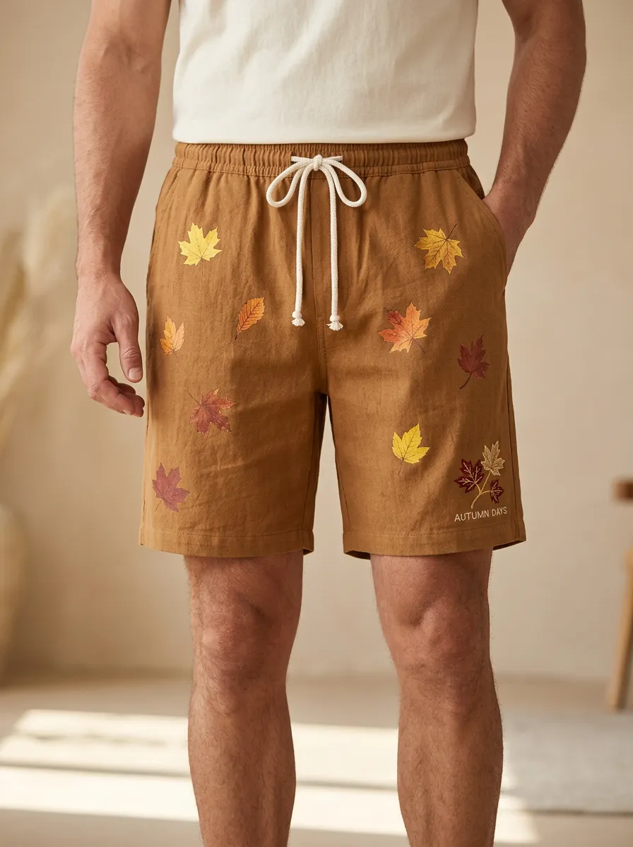 Tan Leaf-print Drawstring Drawstring Shorts