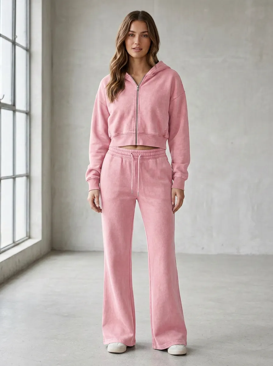 Women's Vintage Inspired Washed Vintage Inspired Cropped Hooded Jacket and Flare Pants Active Set