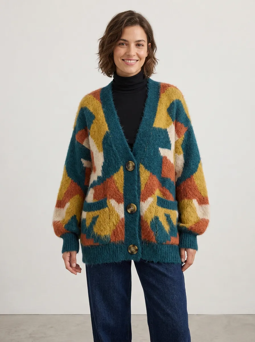 Women's Boho Geometric Pattern Knitted Cardigan