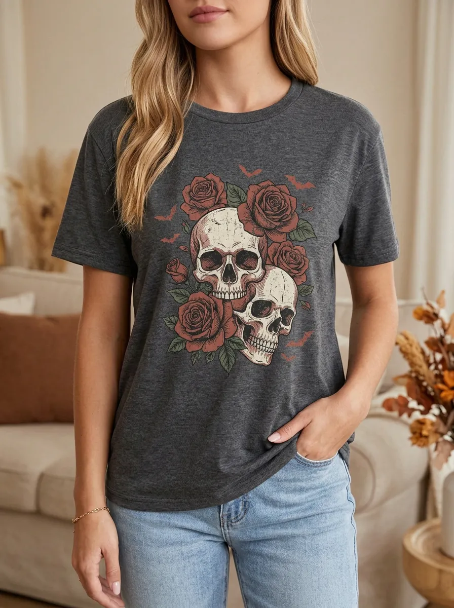 Women's Halloween Gothic Skull Rose Short Sleeve Graphic T-Shirt