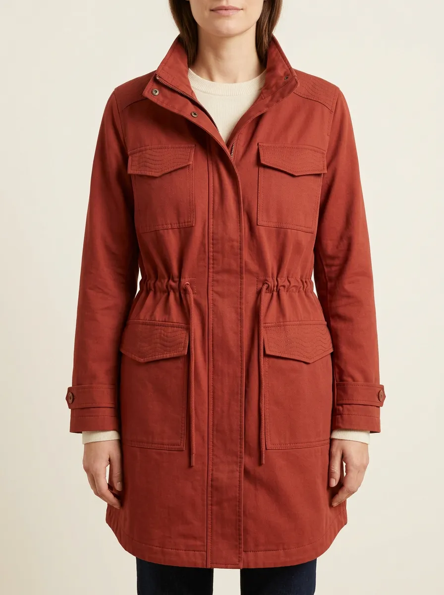Casual Utility Rust Orange Drawstring Waist Field Jacket