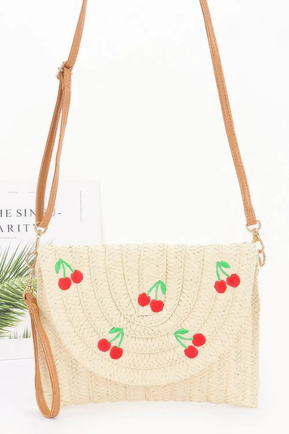 Faux Straw Cherry Clutch Crossbody Bag