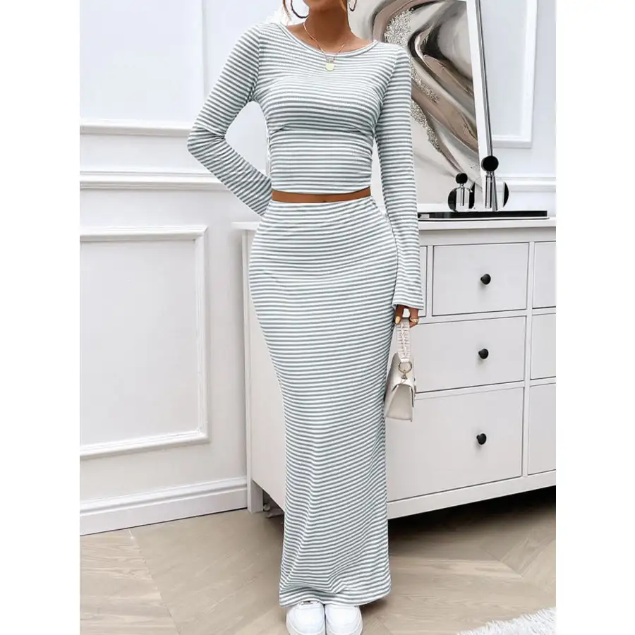 Striped Boat Neck Top and Skirt Set