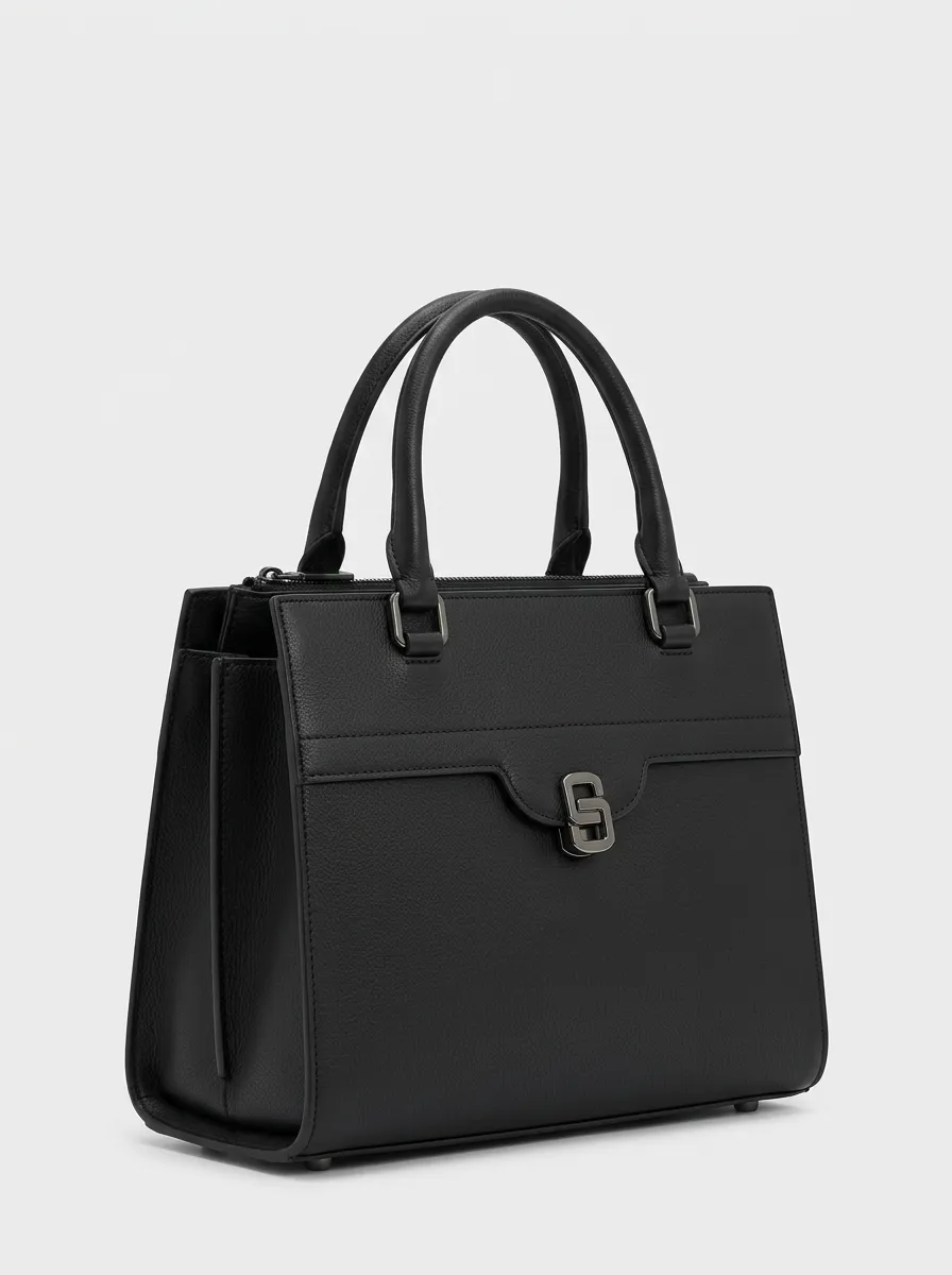 Women's Urban Inspired Black Satchel Handbag with Metal Clasp Accent