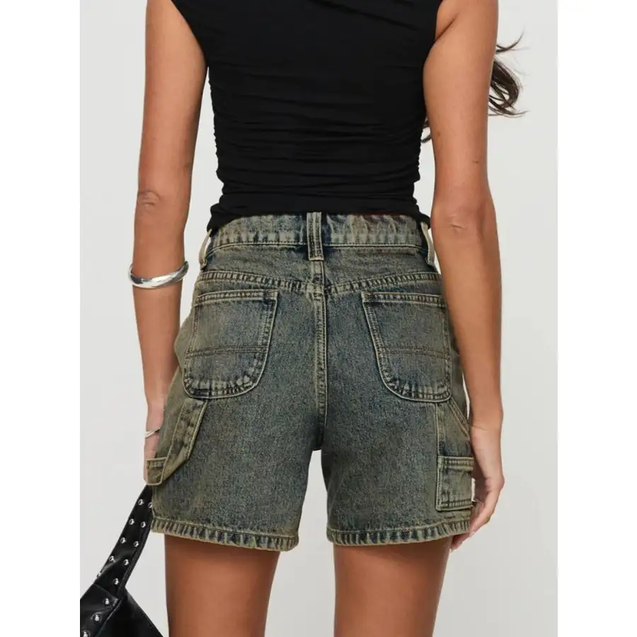 High Rise Pocketed Washed Denim Shorts