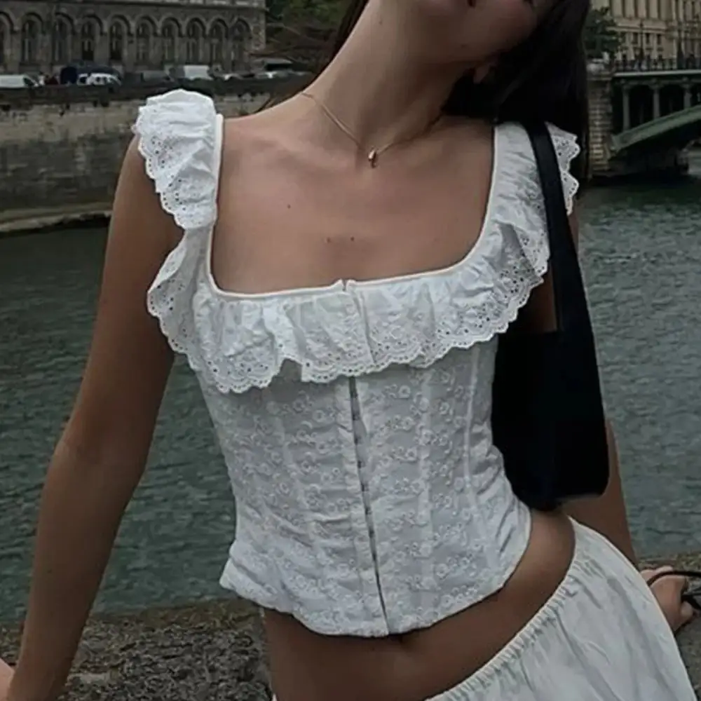 Lace-Trim Off-Shoulder Cropped Corset-Inspired Tank Top