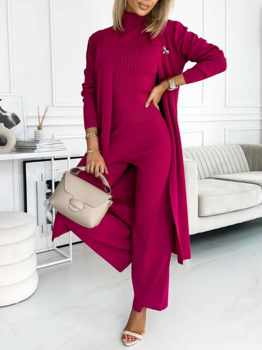 Women's Solid Color Cardigan 3 pieces Tank and Trousers