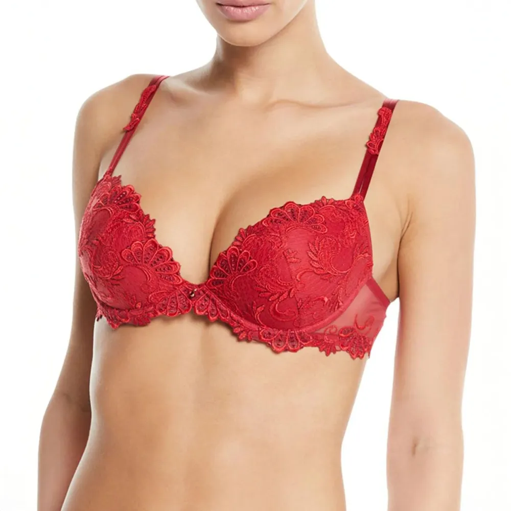 Women's Underwire Spacer Molded Padded Guipure Lace Mesh Floral Detail Decorative Stone Bra