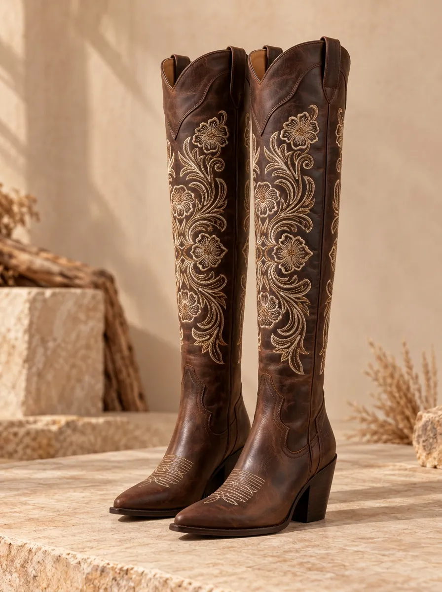 Women's Dark Brown Floral Embroidered Stacked Heel Western Over-the-Knee Boots