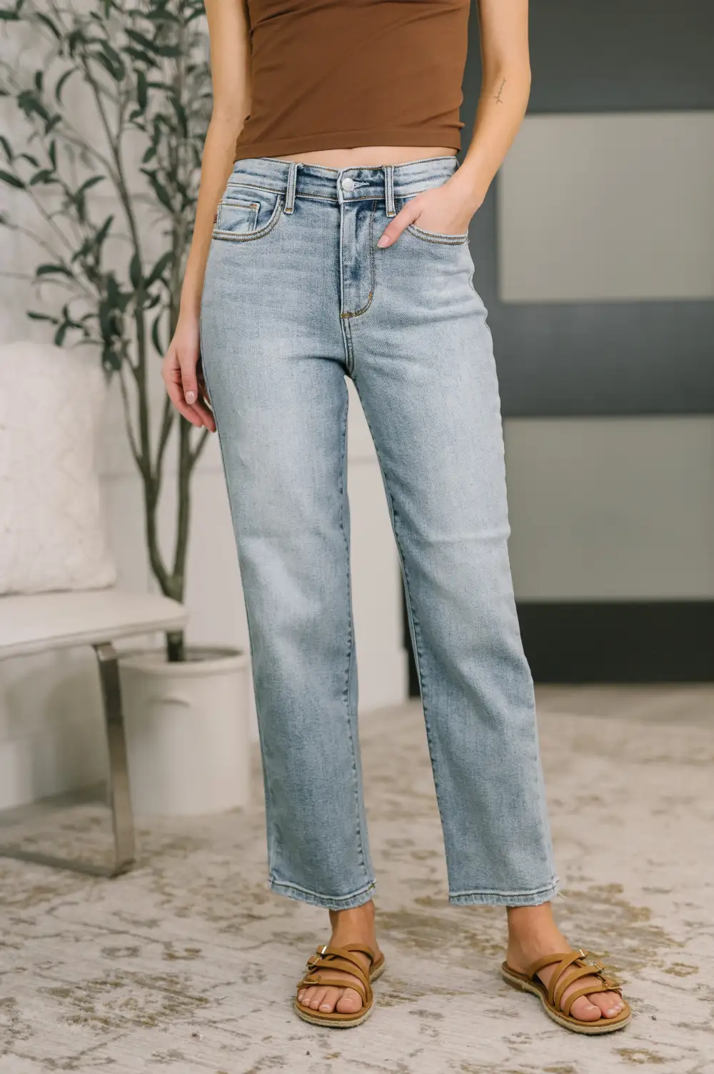 Denim High Rise Straight Leg Distressed Jeans