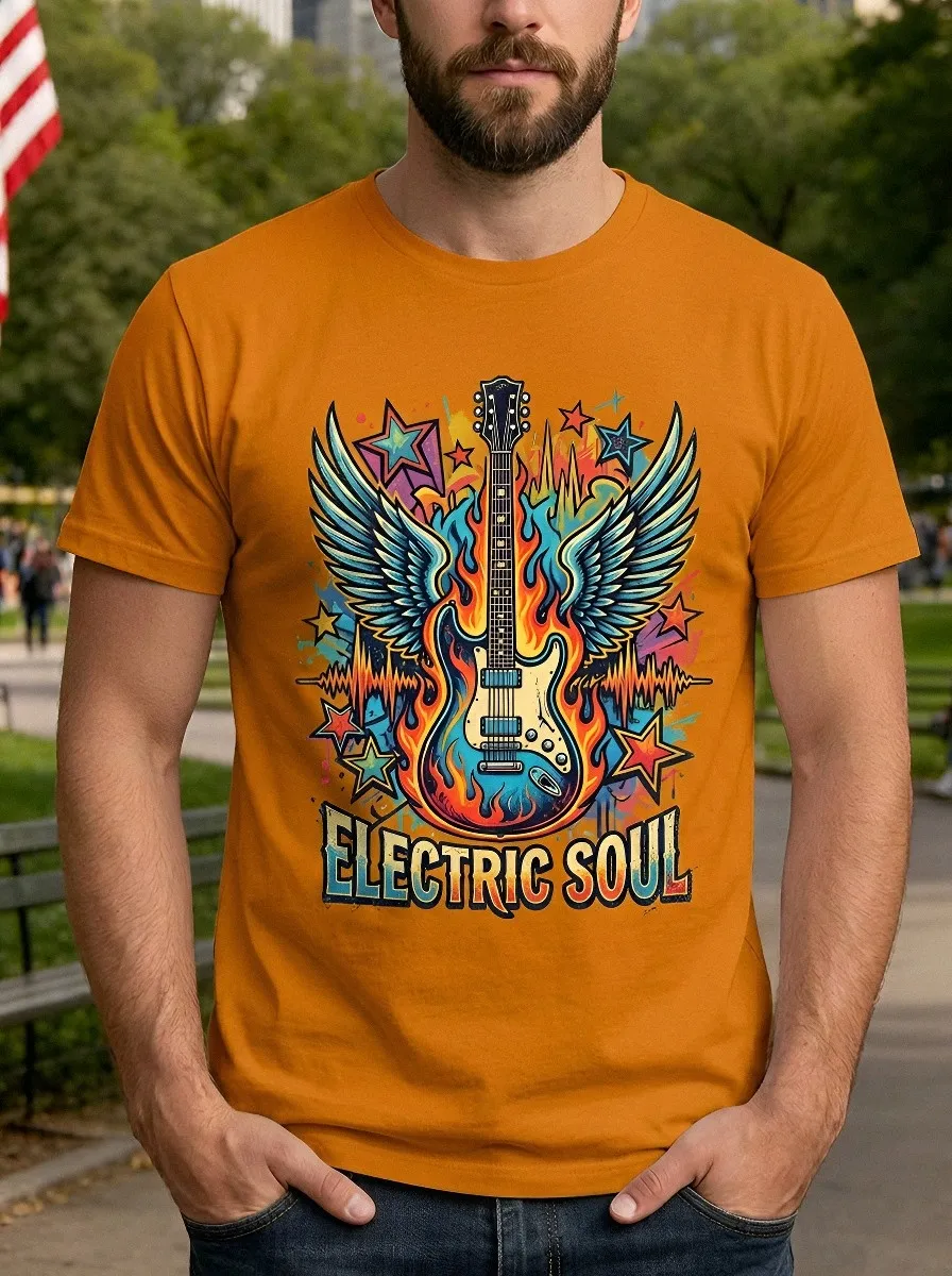 Men's Rock Music Lover Electric Guitar Wings Printed T-shirt
