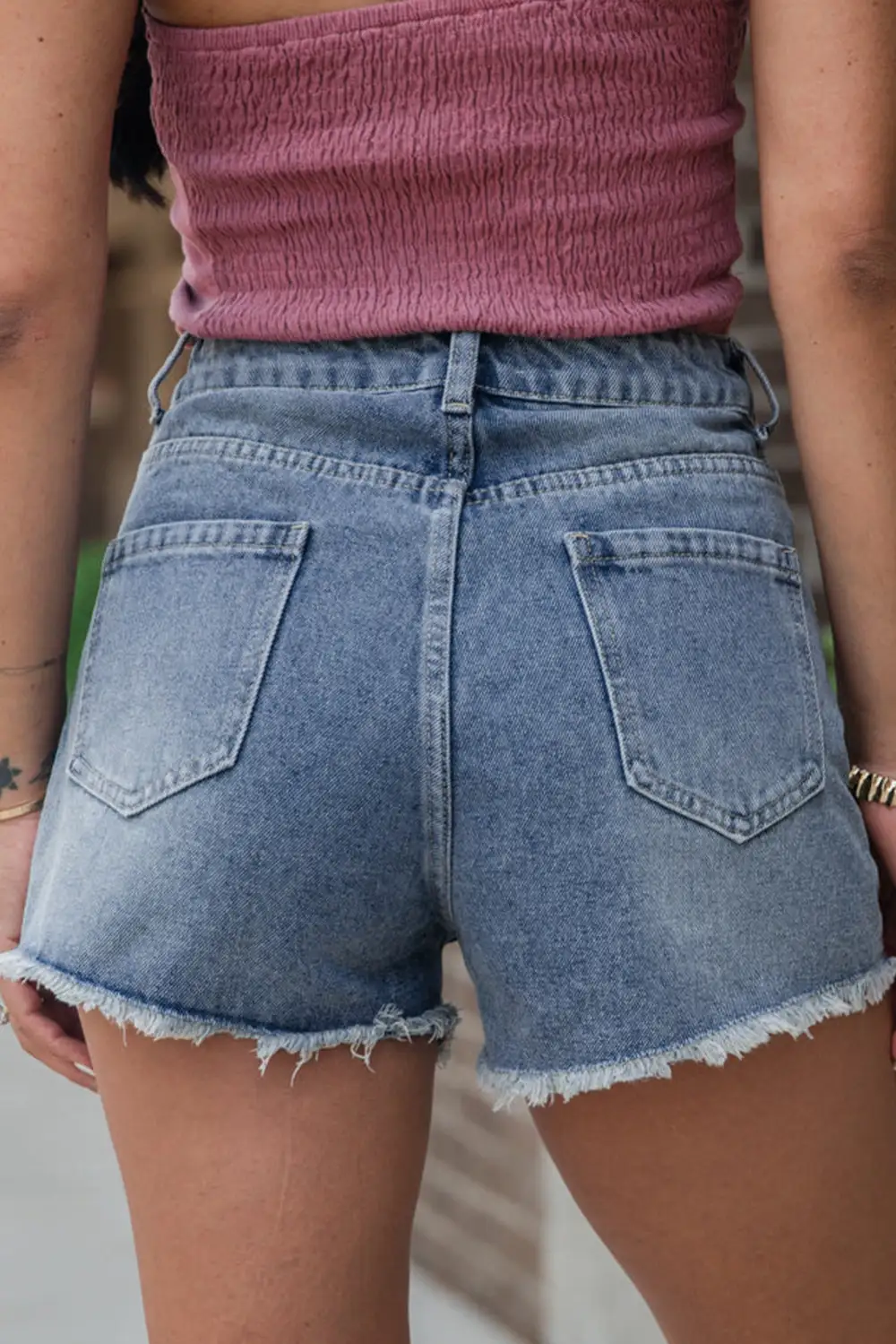Pocketed Raw Hem Denim Shorts
