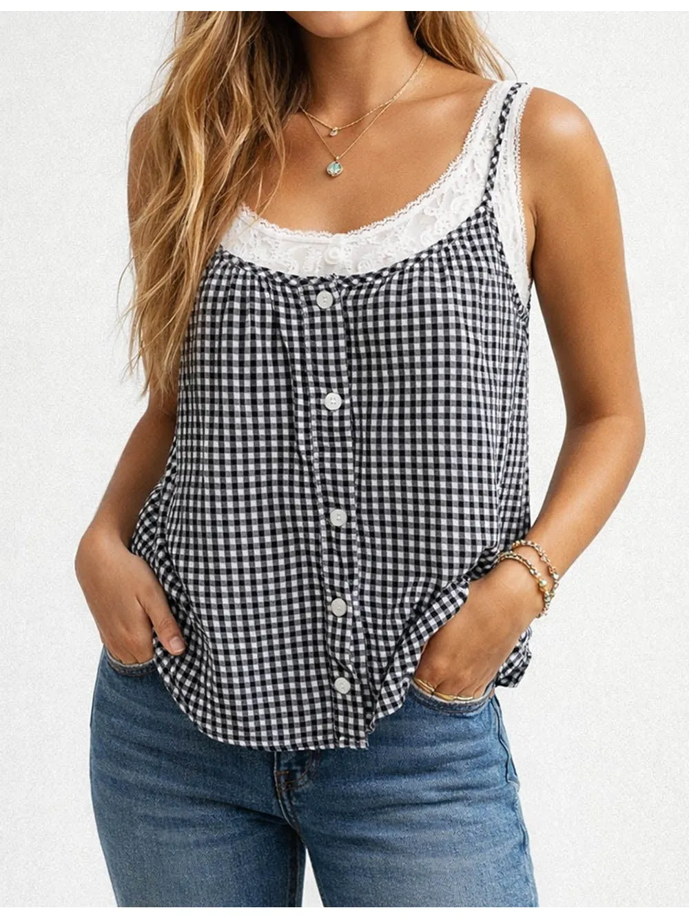 Checked Button Front Two Piece Sleeveless Cami Top