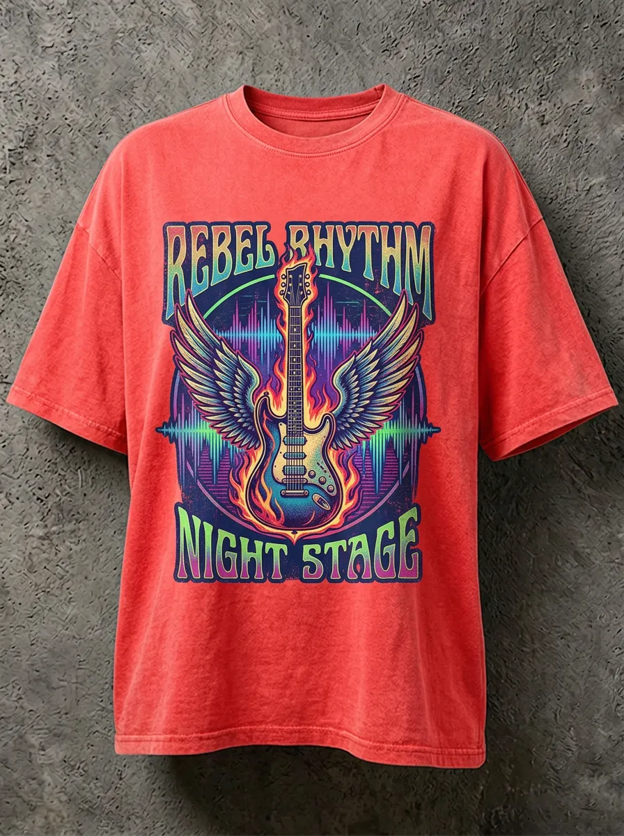 Unisex Rock Music Lover Flaming Guitar Wings Printed T-shirt