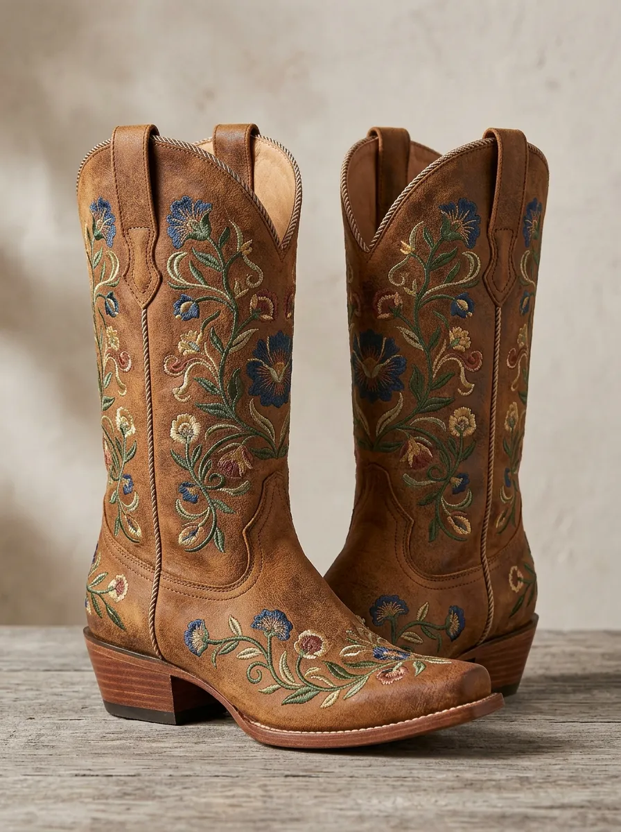 Unisex High-Plains Floral Embroidered Profile Western Cowboy Boots