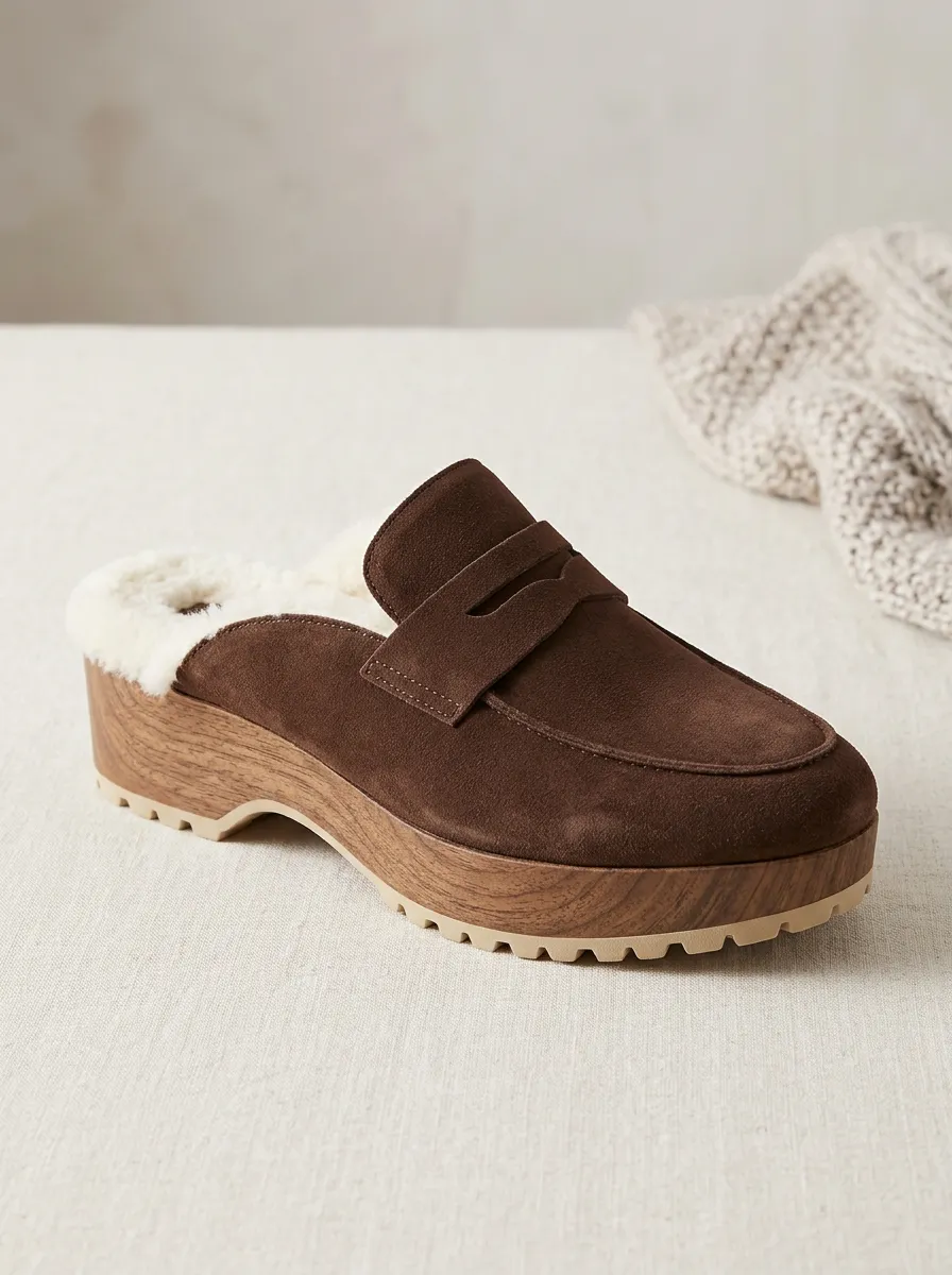 Women's Everyday Faux Fur Lined Platform Suede Wood Sole Loafers
