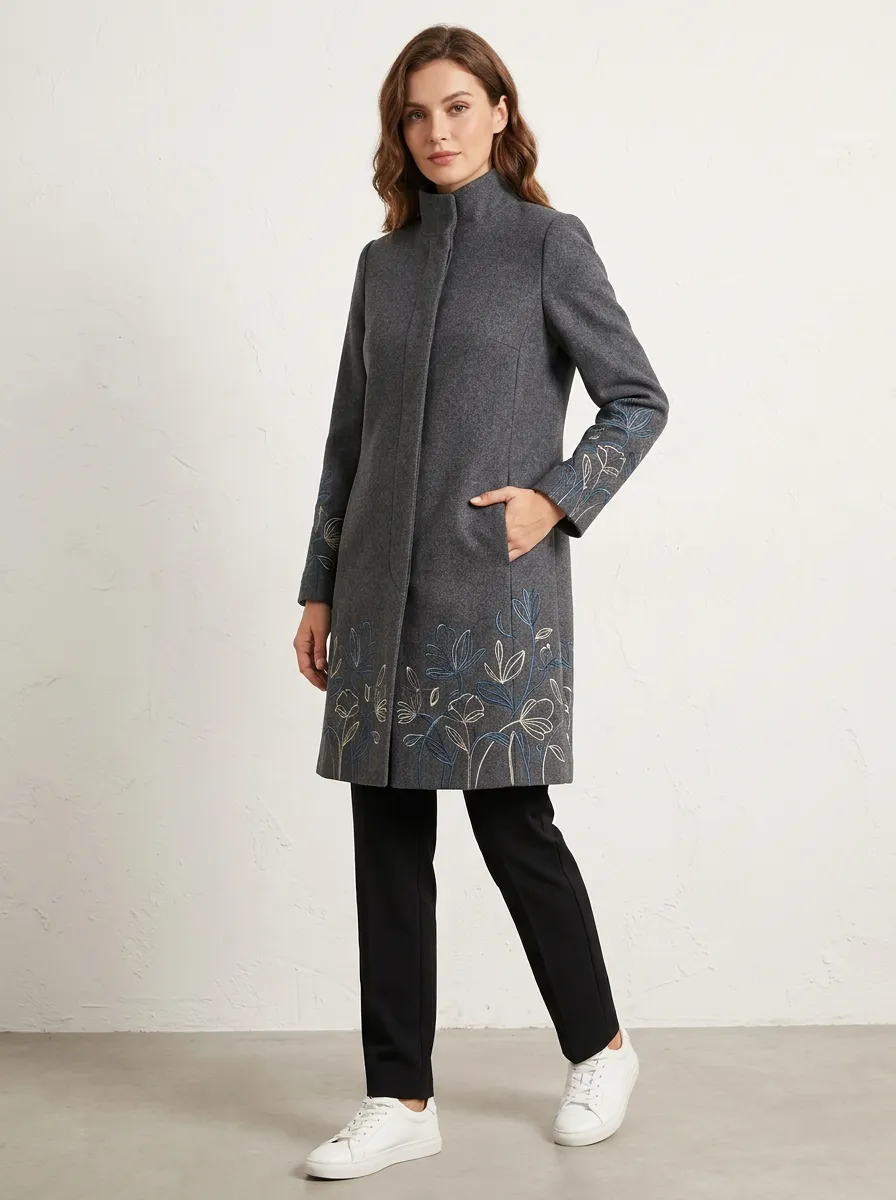 Women's Floral Embroidered Gray Wool Coat