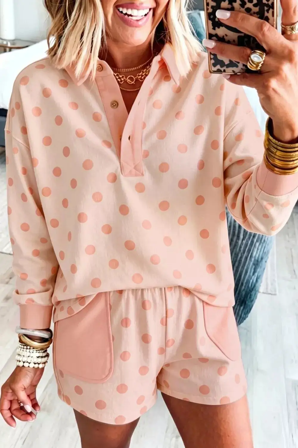 Polka Dot Drop Shoulder Polo Loose Pullover Patch Pocket Casual Shorts Set