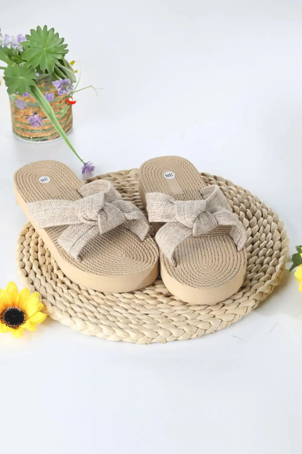 Boho Bow Detail Raffia Woven Flat Sandals