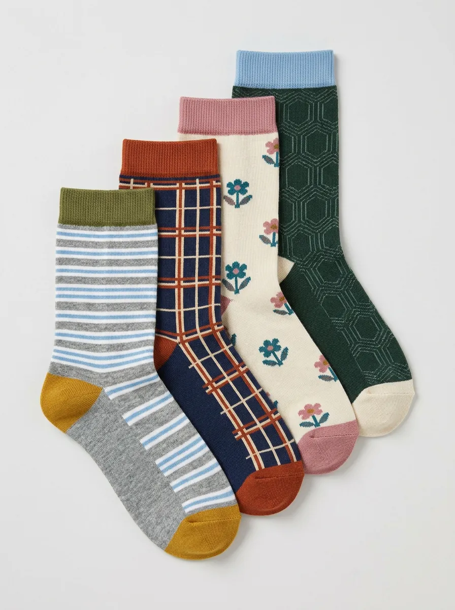 Vintage Inspired Geometric Floral Striped Vintage Four-Pair Casual Socks