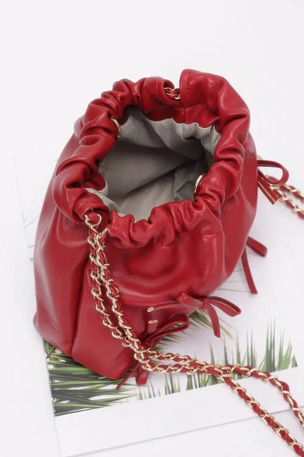 Faux Leather Multi Ribbon Bucket Chaincrossbodybag Crossbody Bag
