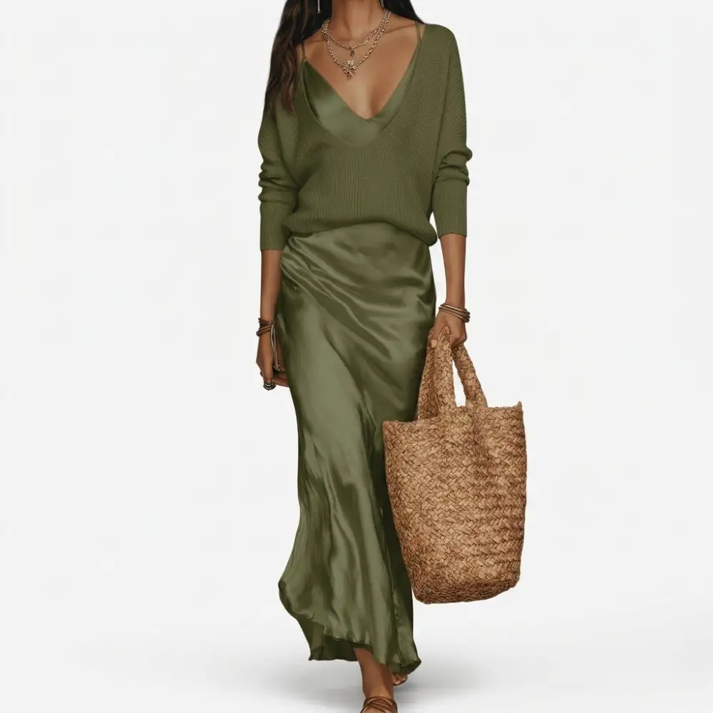 Knit Satin Two-Piece Set