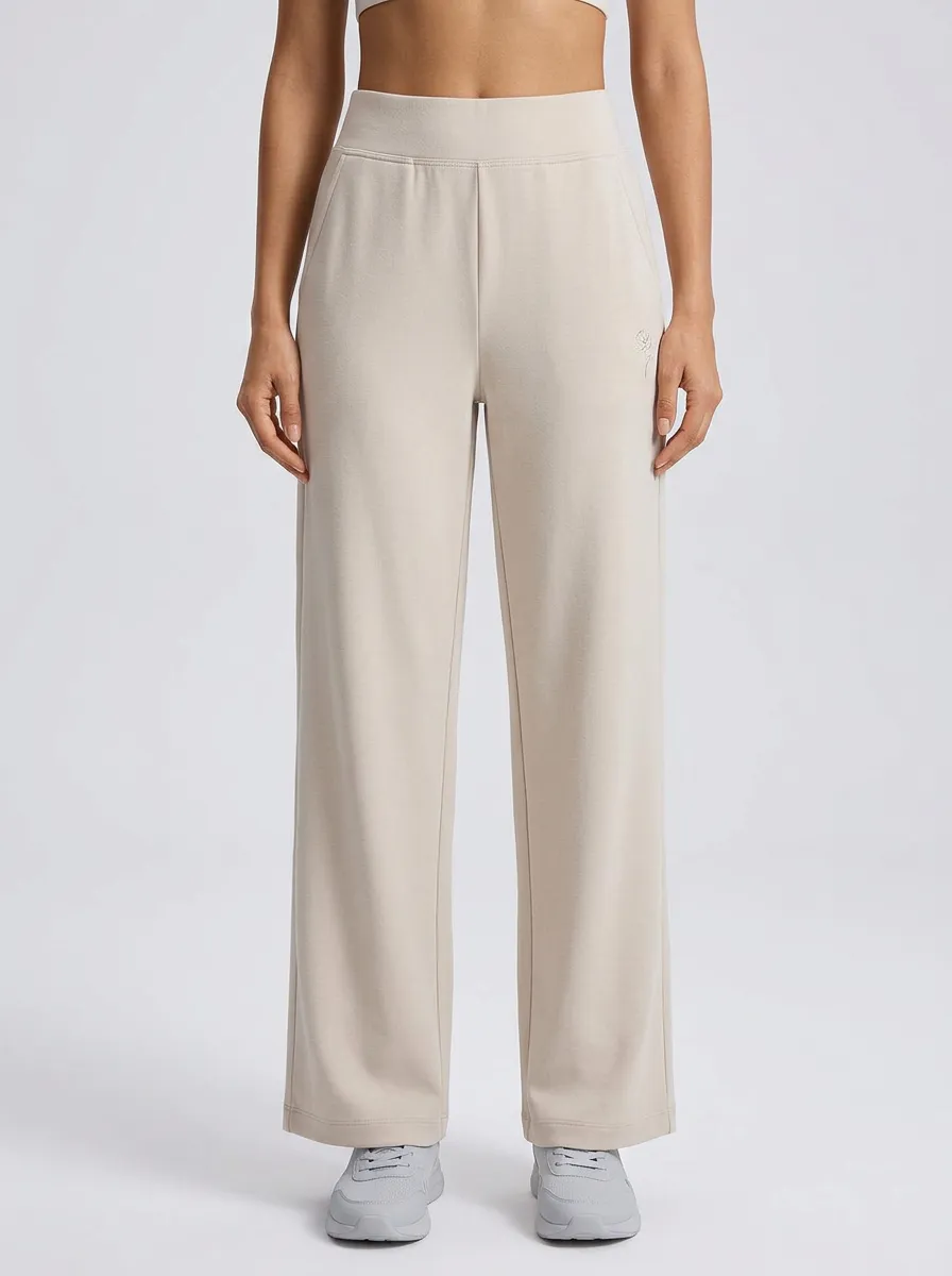Women's Minimalist Beige Solid Color Embroidered Wide Leg Pants