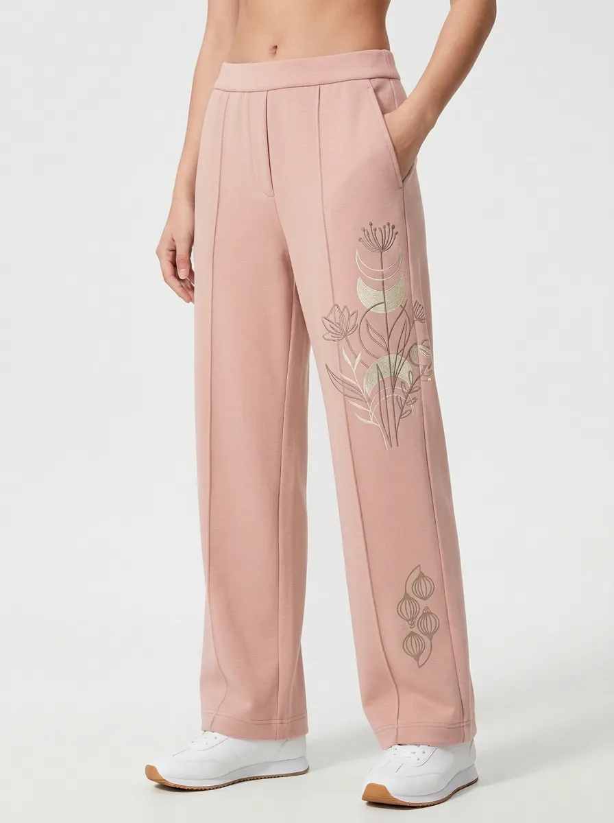 Women's Sage Green Embroidered Wide-Leg Trousers Sweatpants