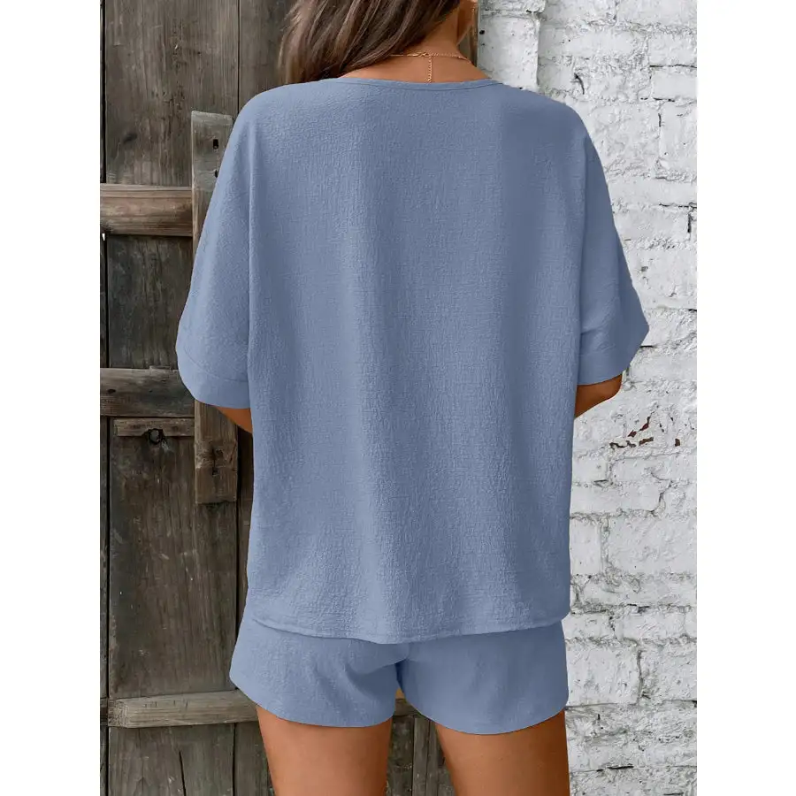 Relaxed Fit V Neck Top and Shorts Two Piece Set
