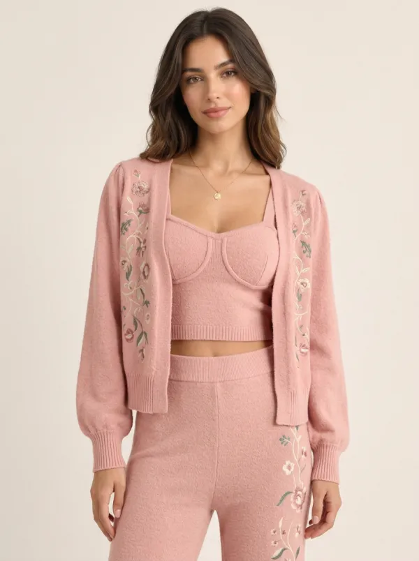 Women's Floral Embroidery Sage Green Knitted 3-Piece Set