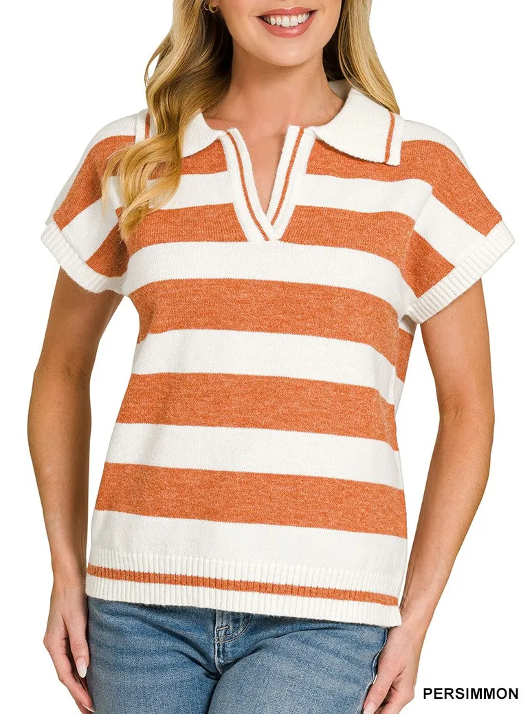 Modern Striped Collared Ribbed Short Sleeve Sweater