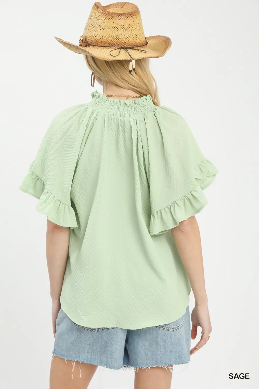 Textured Ruffle Sleeve Blouse