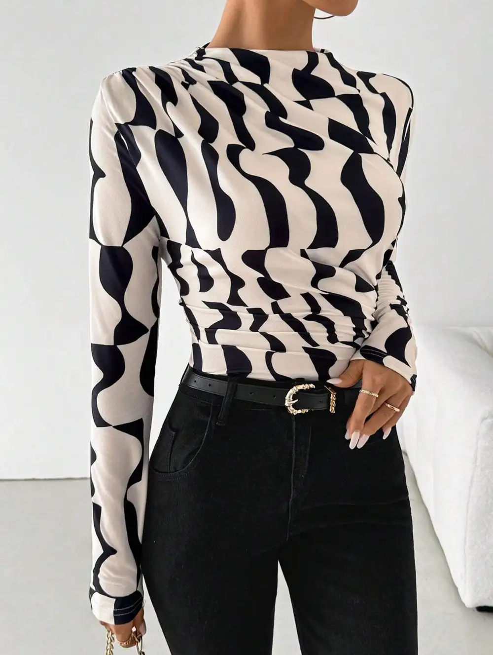 Ruffle Mock Neck Print Slim Top