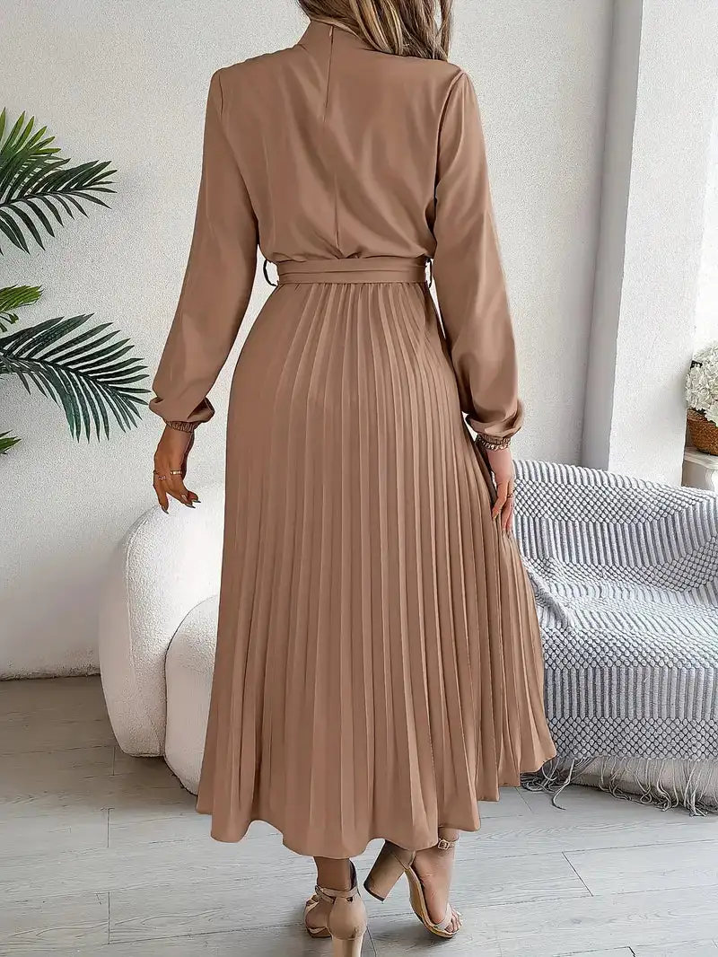  Long Sleeve Pleated Midi Dress
