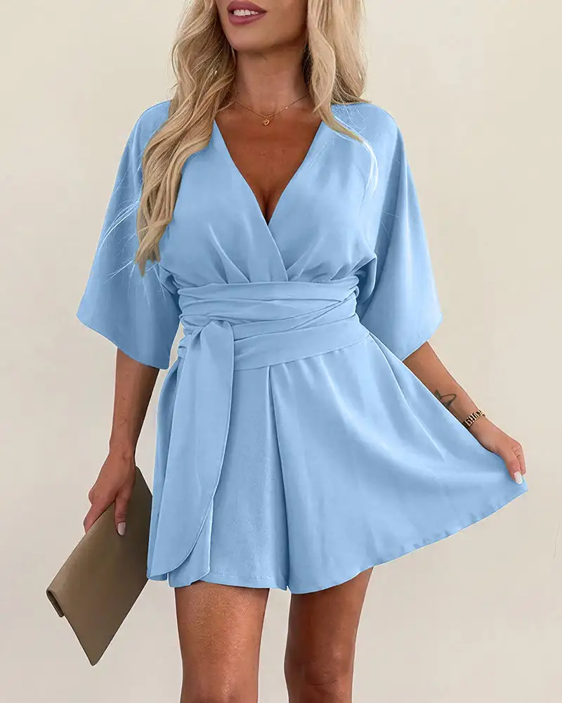 V-Neck Wrap Romper With Tie Waist