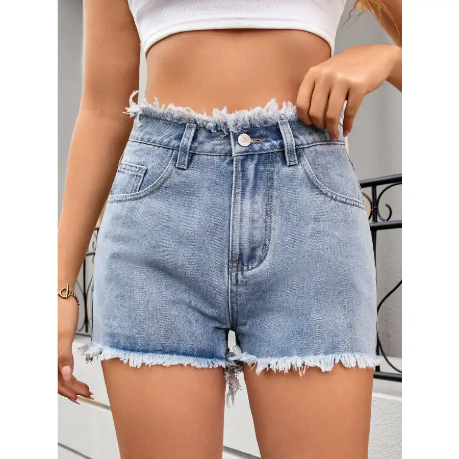 Refined Washed Raw Hem Denim Shorts