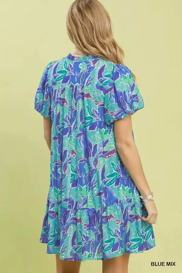 Tropical Print V-Neck Puff Sleeve Tiered Mini Dress